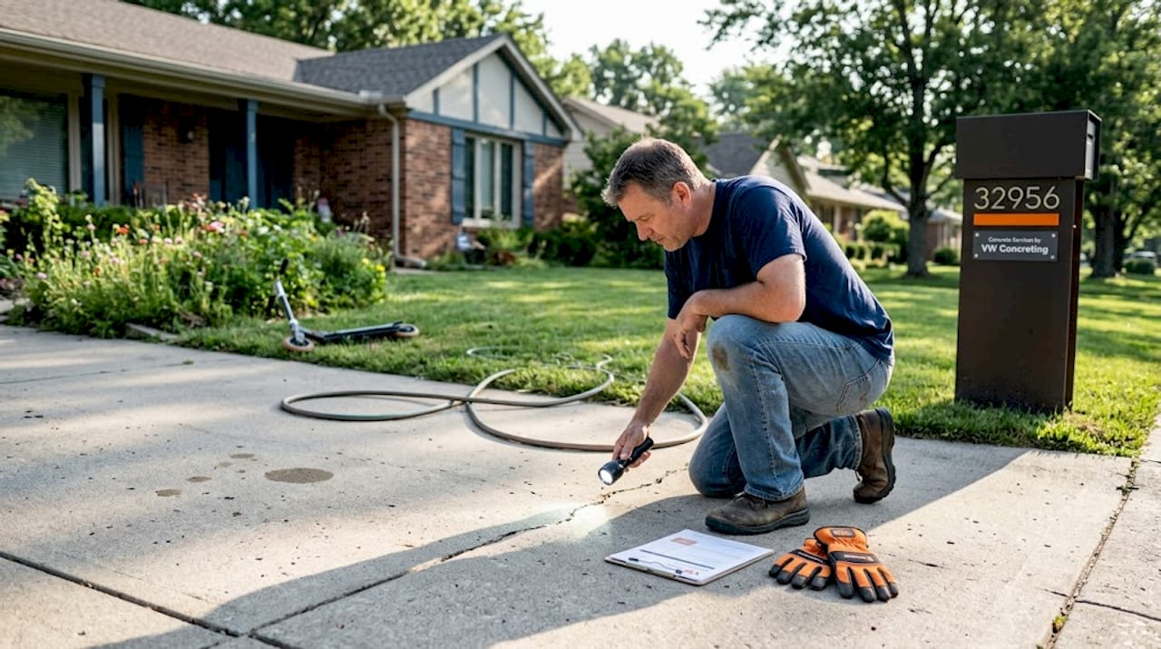 Homeowner inspecting driveway crack carefully