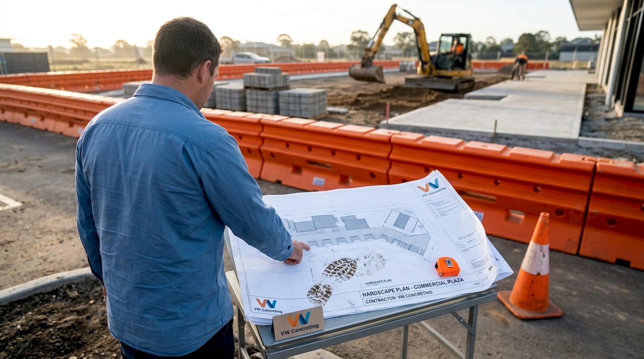 Site manager reviews hardscape plans at construction site