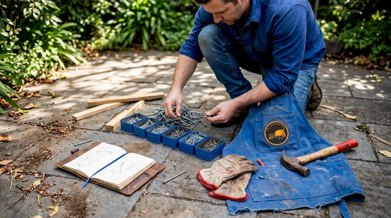 Homeowner sorting nails on outdoor deck