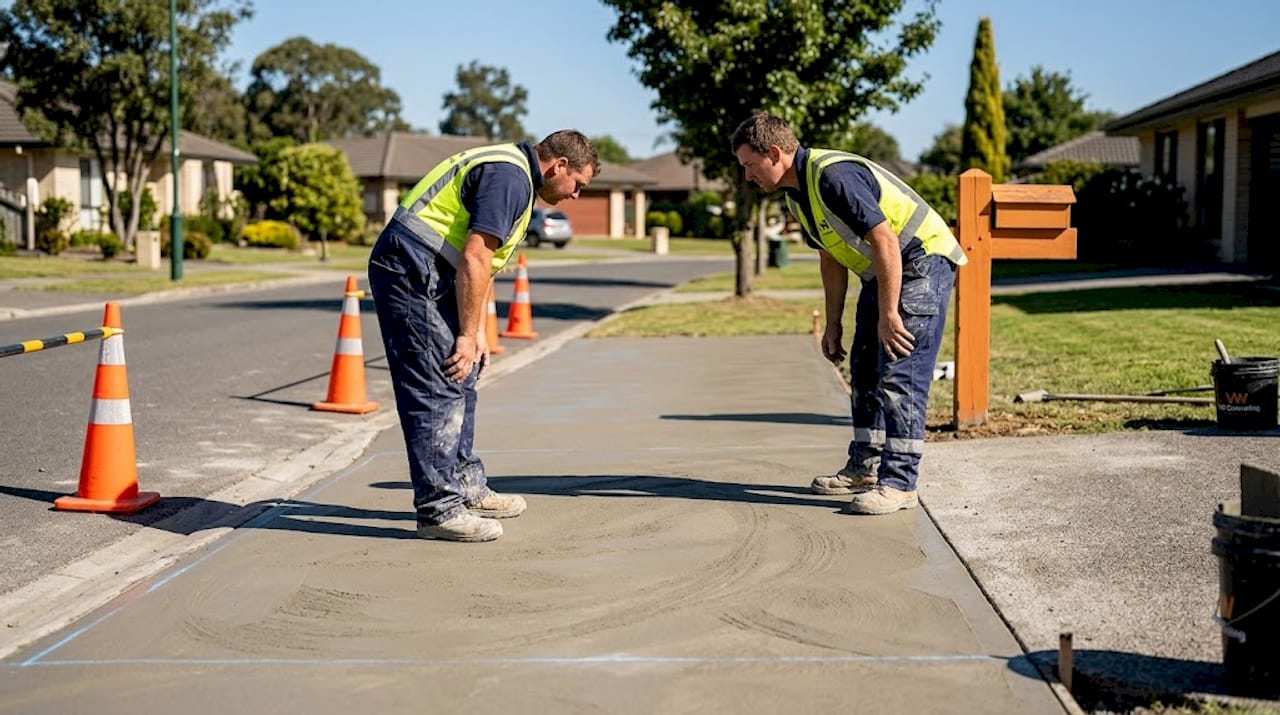 Worker inspects new concrete driveway apron