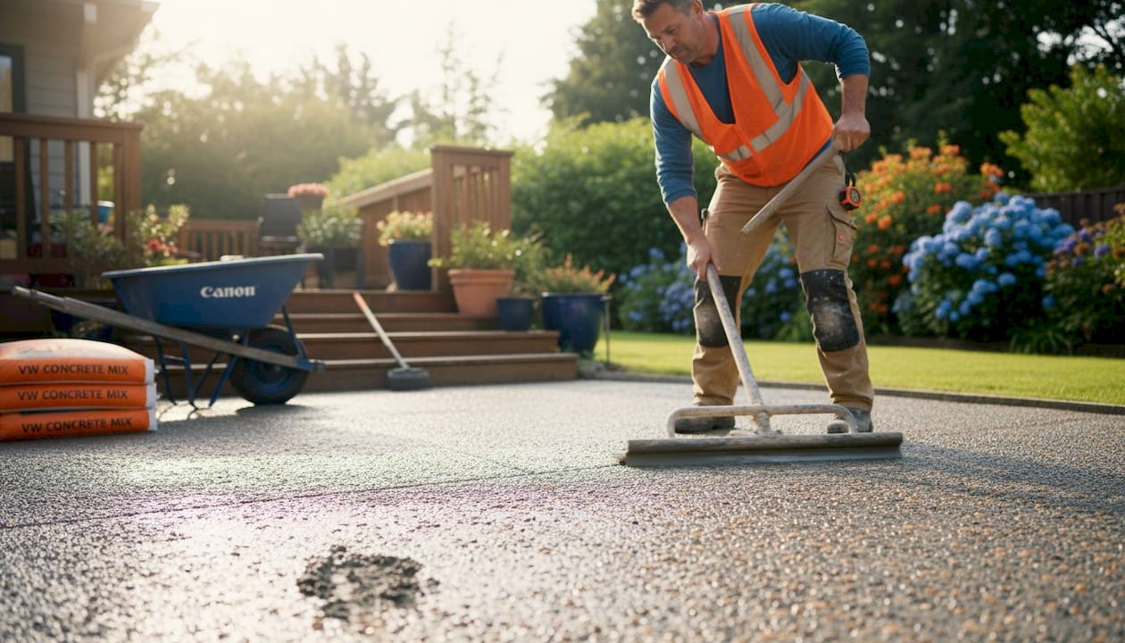 Contractor working on fresh exposed aggregate driveway