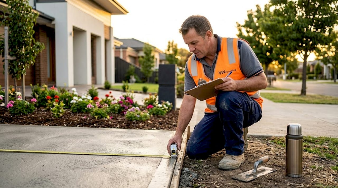 Contractor measuring concrete driveway thickness
