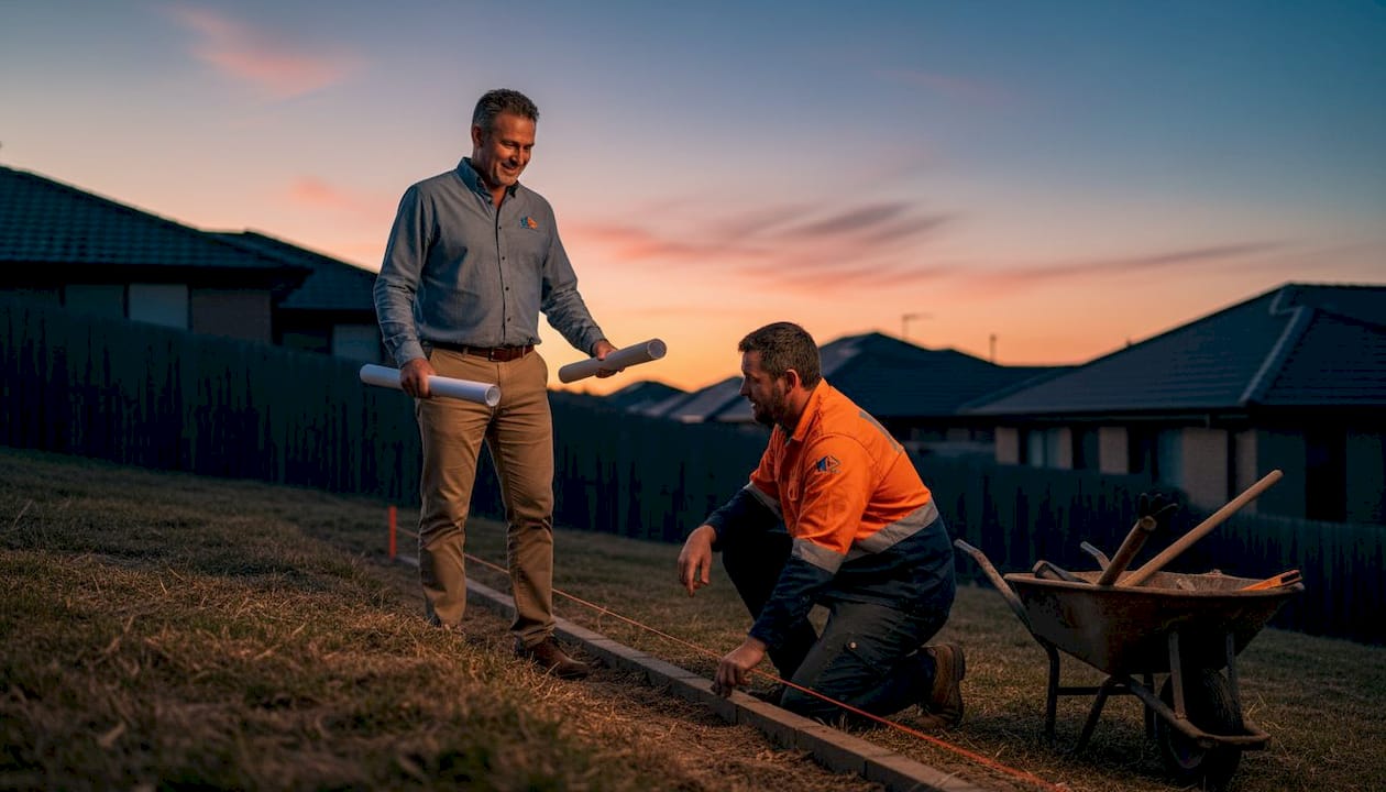 Homeowner and contractor planning backyard retaining wall