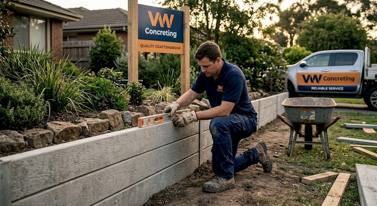 Worker checks alignment on concrete sleeper wall