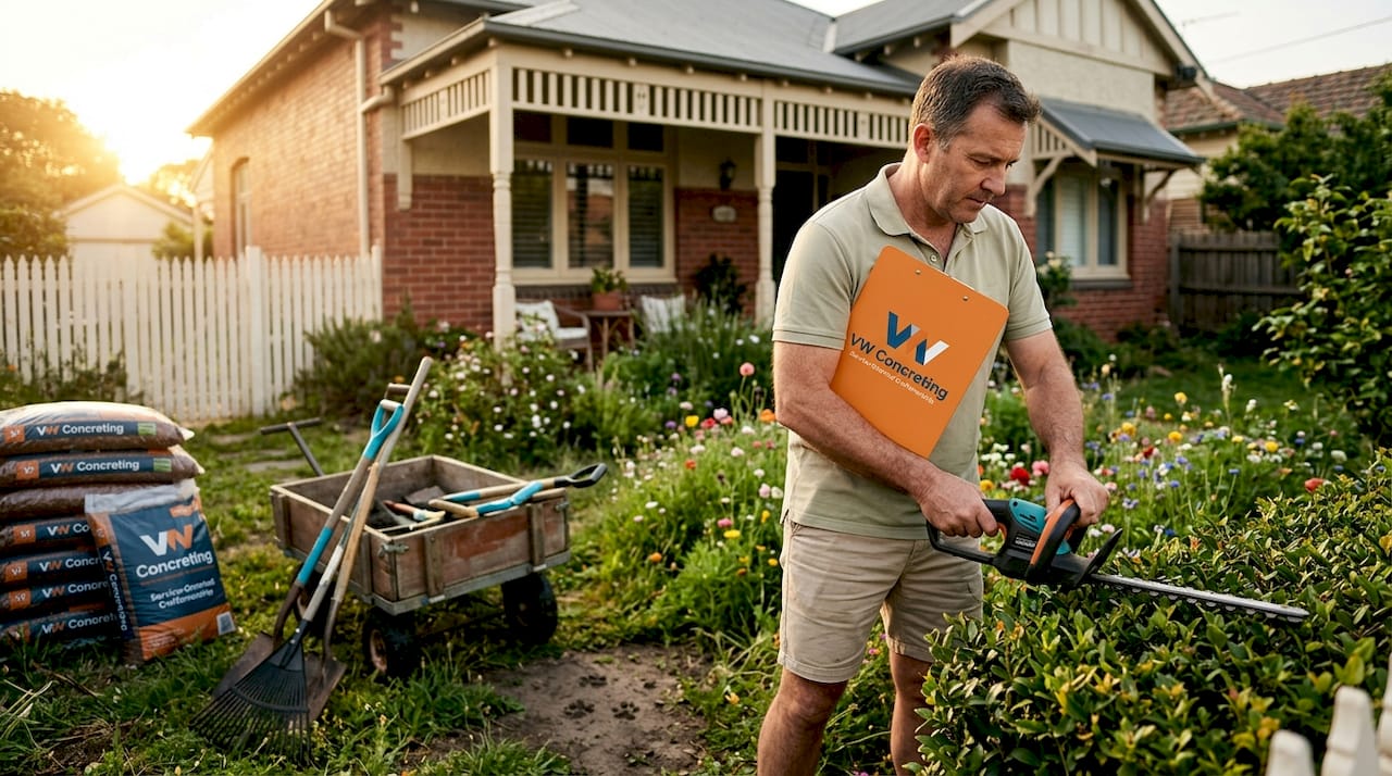 Landscaper trimming hedges Melbourne home front yard