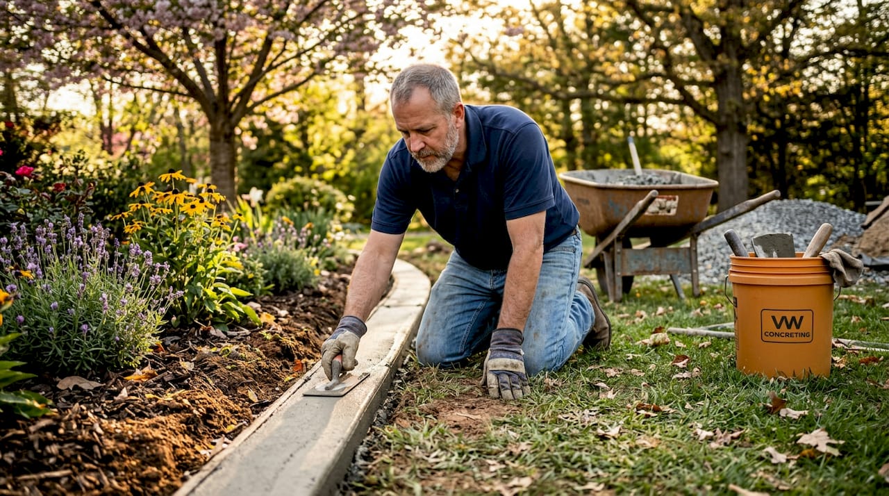 Landscaper installing concrete garden edging