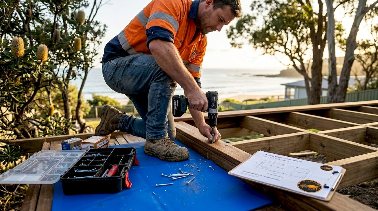 Worker installing galvanised screws in timber deck