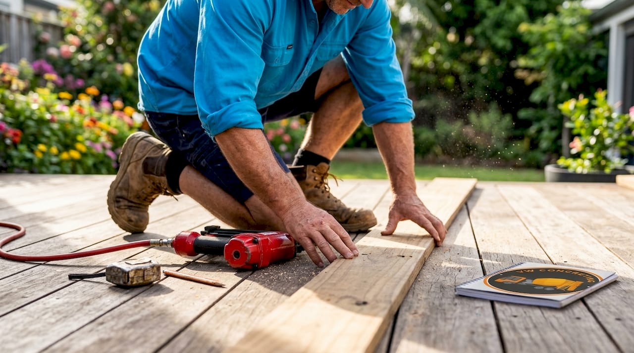 Carpenter aligning deck board before nailing