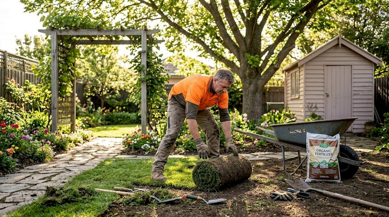 Landscaper installing sod in Melbourne backyard
