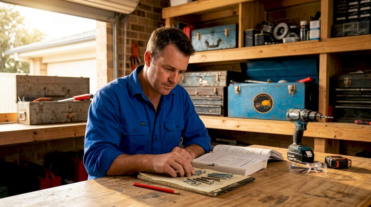 Builder examines various screws at workbench