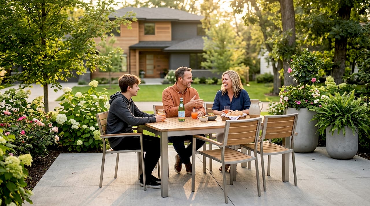 Family using lived-in concrete patio