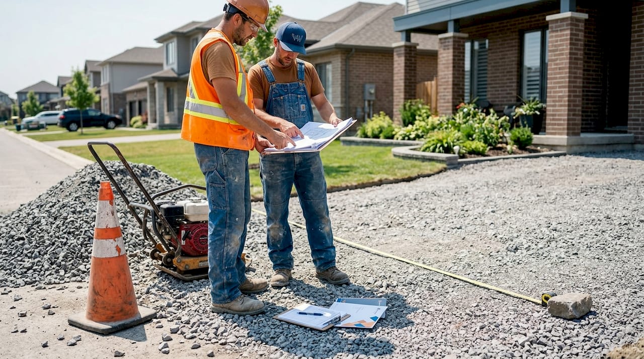 Workers preparing crushed rock base driveway