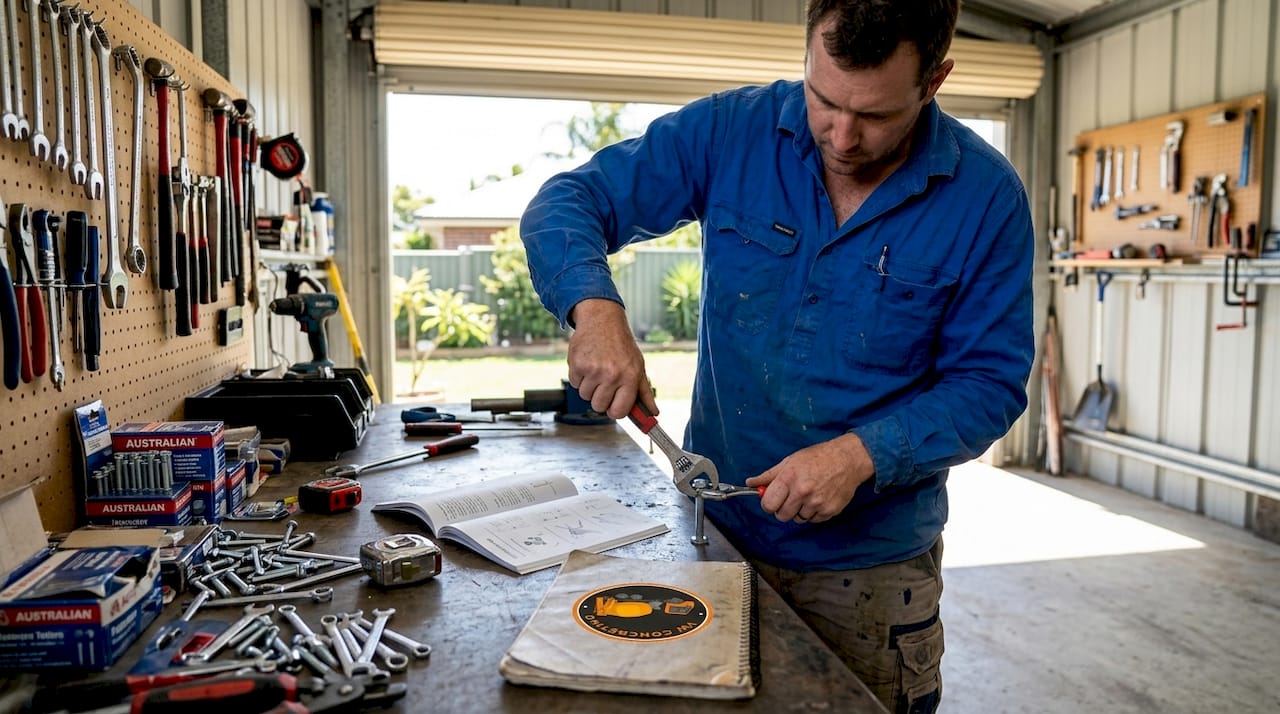 Person using spanner at cluttered workbench