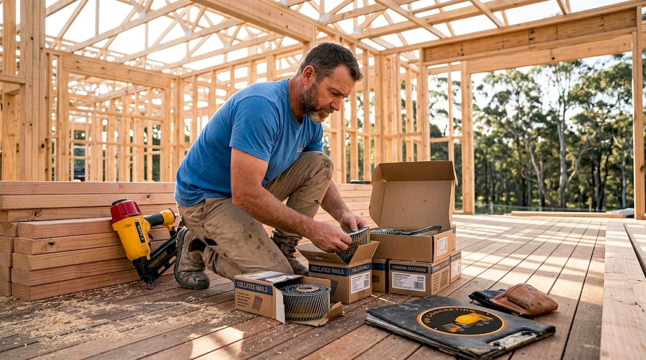 Builder examining collated nails at framing site