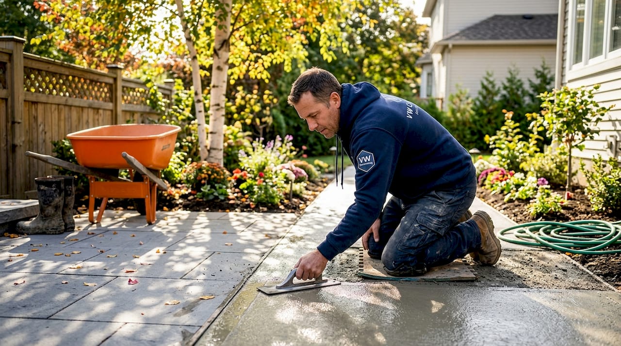 Worker smoothing concrete pathway in landscaped backyard