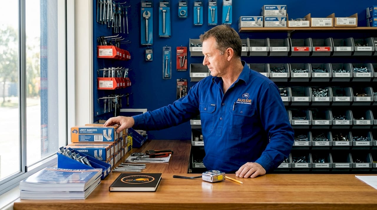 Supplier retrieving fasteners in local hardware shop