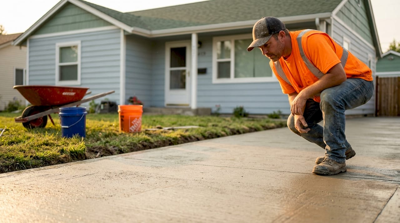 Contractor inspecting new concrete driveway