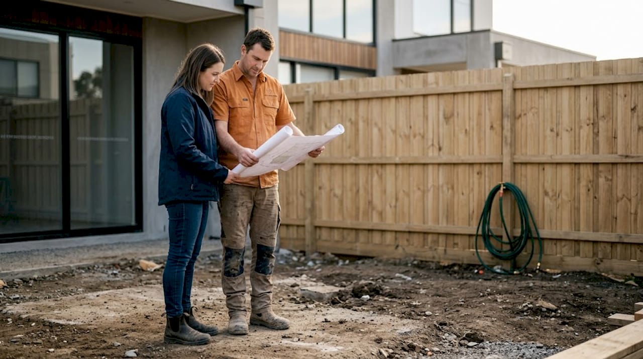 Couple reviewing landscaping plans in bare new backyard