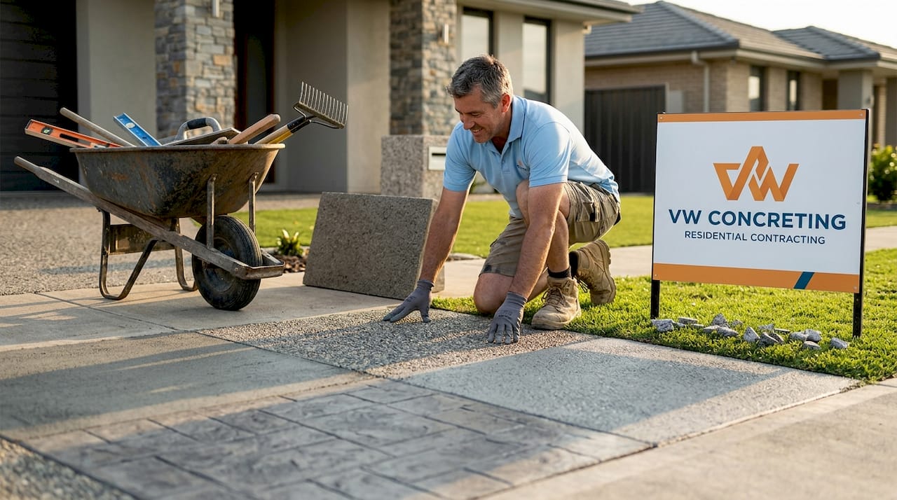 Contractor inspecting driveway finish samples
