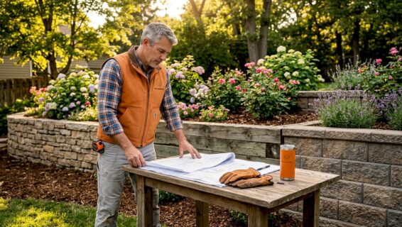 Architect referencing retaining wall styles outdoors