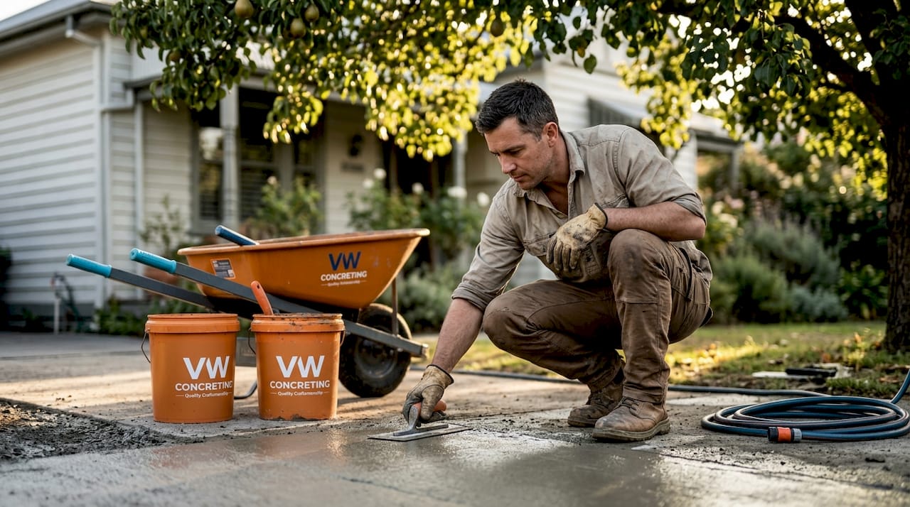 Worker resurfacing concrete driveway outdoors