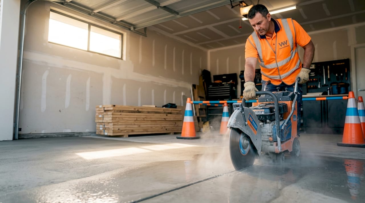 Contractor cutting control joint in concrete driveway