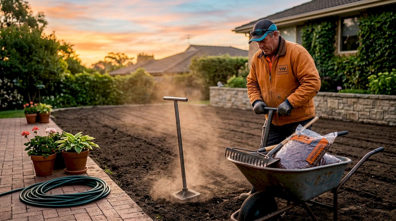 Homeowner compacting soil in backyard