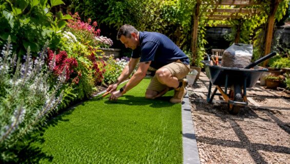 Man trimming artificial turf in backyard