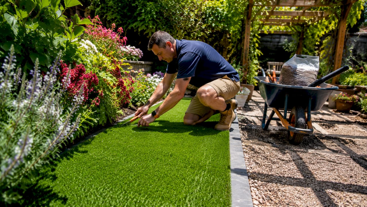 Man trimming artificial turf in backyard