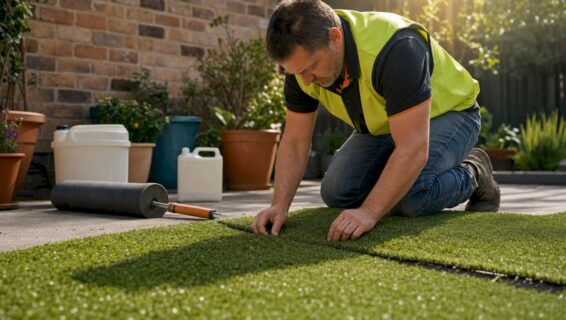 Contractor installing synthetic turf in backyard