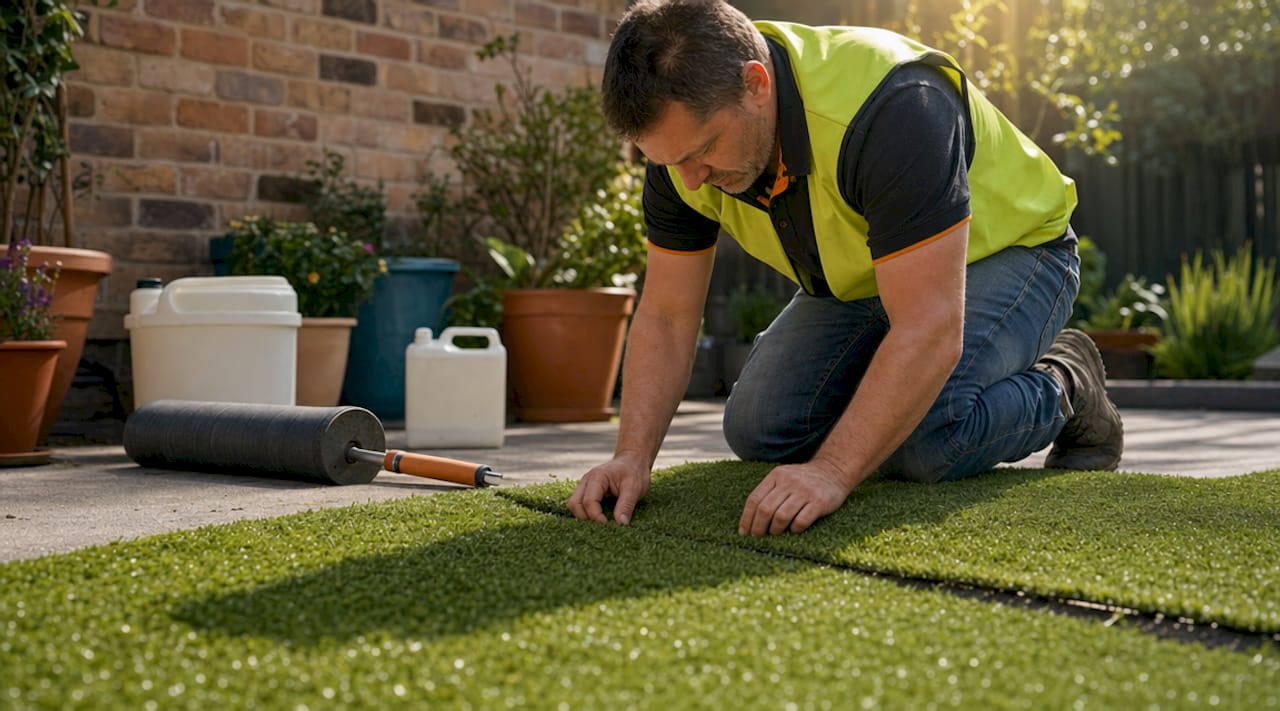Contractor installing synthetic turf in backyard