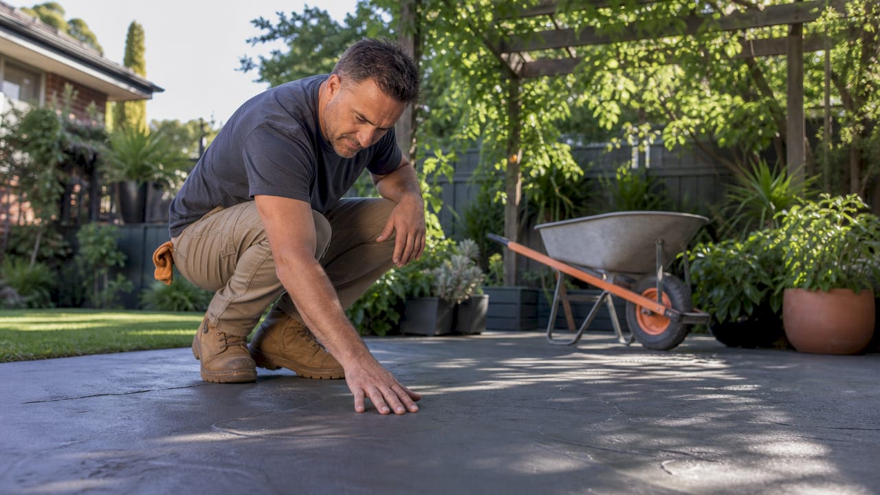 Man inspecting slate concrete driveway outdoors