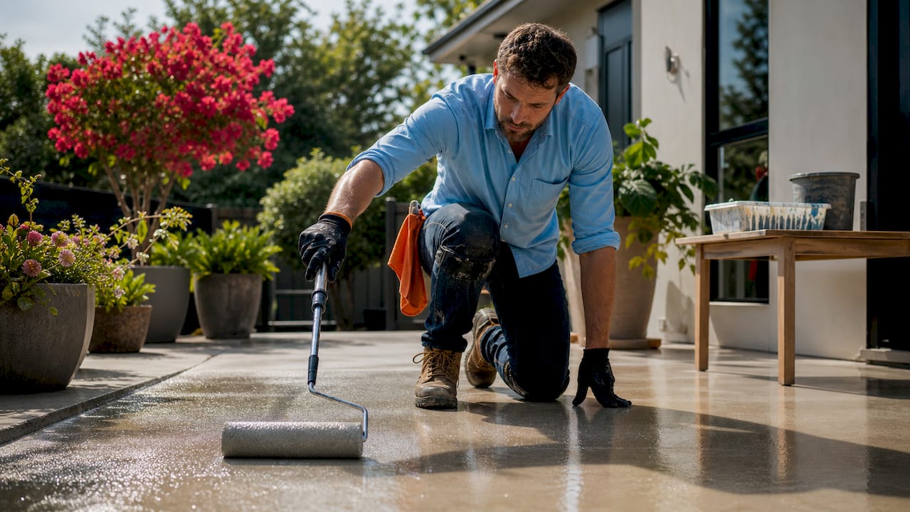 Tradesman applying epoxy in Melbourne garage