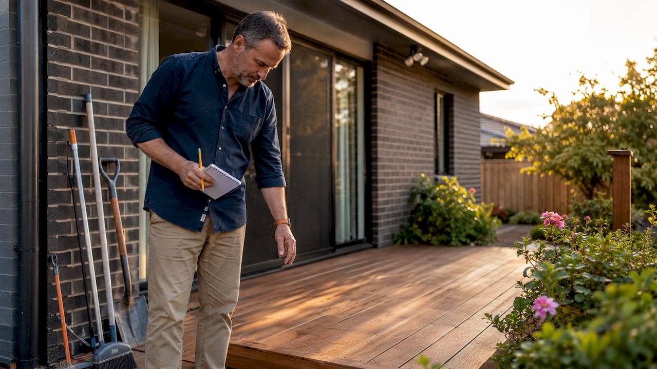 Man inspecting new outdoor deck at home