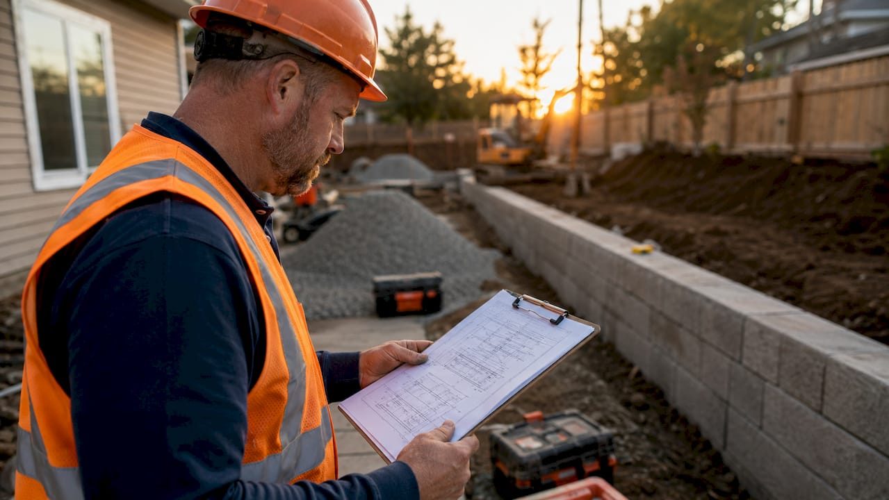 Contractor reviewing plans on retaining wall site