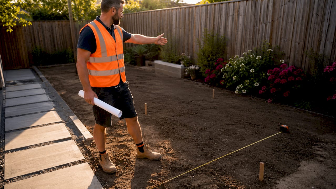 Landscaper reviewing plans on new build yard