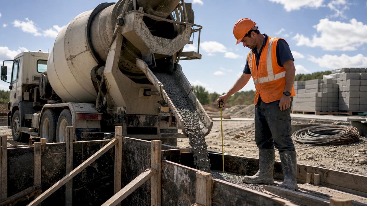 Construction worker overseeing concrete pouring