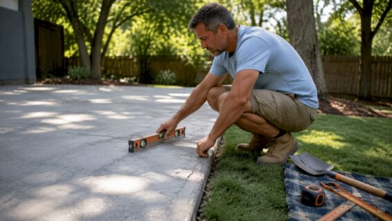 Homeowner checking concrete patio drainage slope outdoors