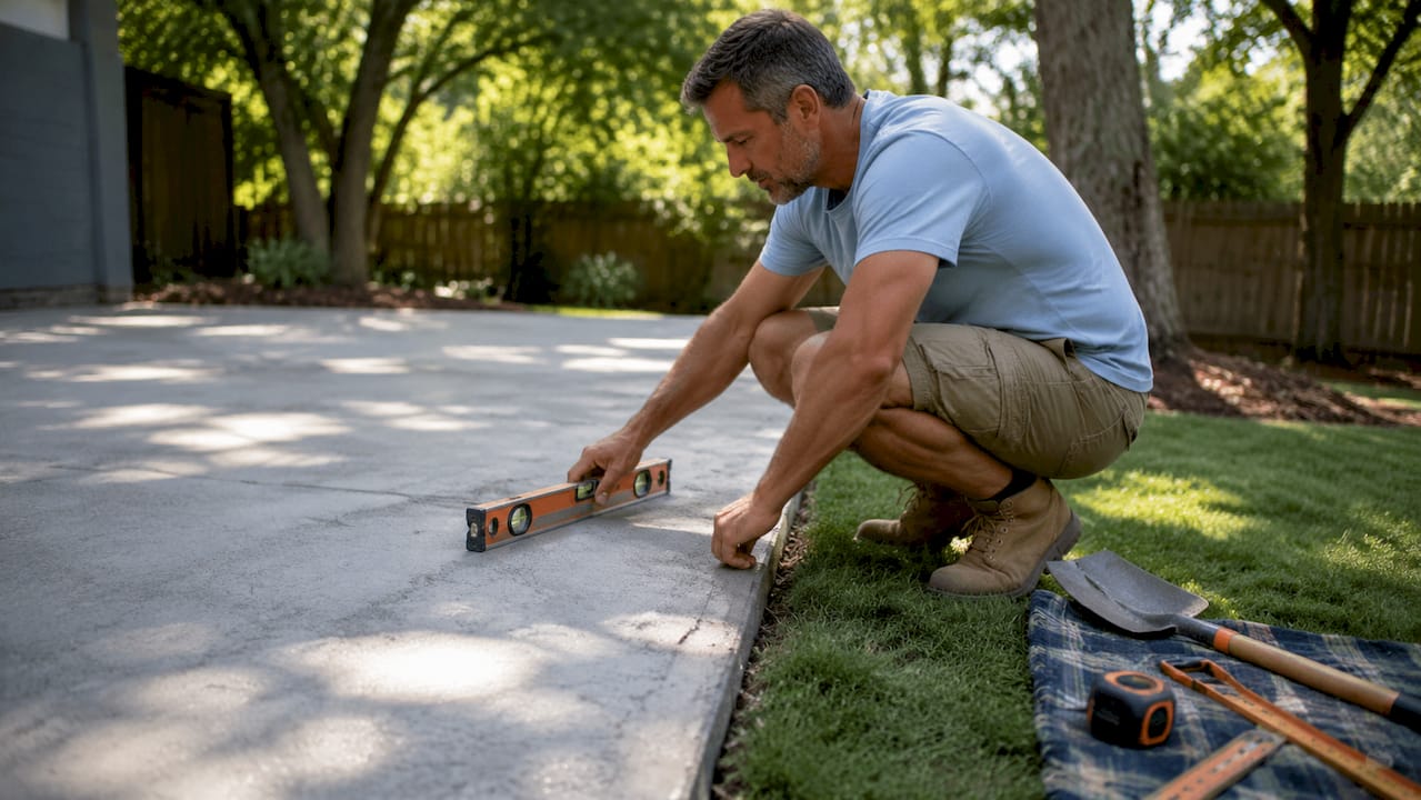 Homeowner checking concrete patio drainage slope outdoors