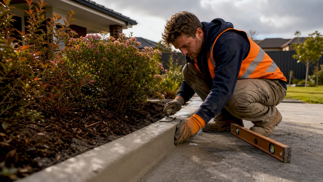 Landscaper smoothing fresh concrete kerb at driveway edge