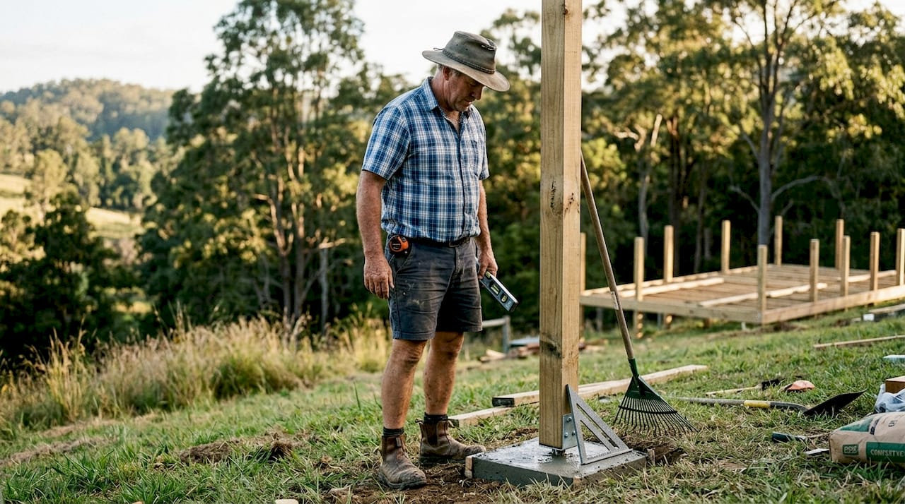 Man working on timber deck footing outdoors
