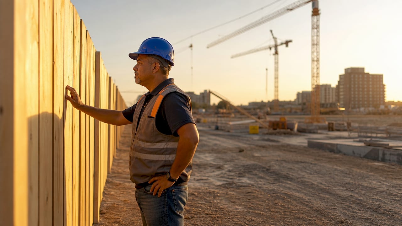 Construction manager inspecting fencing perimeter outdoors