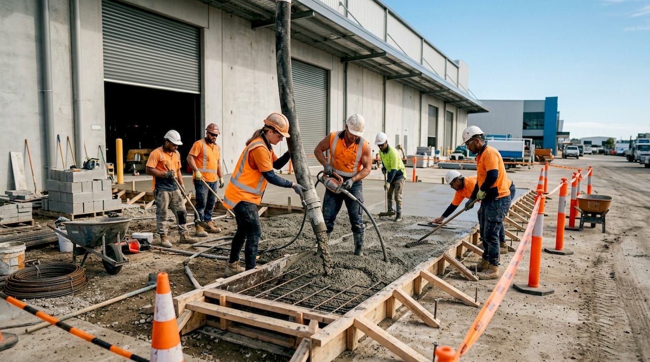 Commercial driveway under construction with workers and machinery