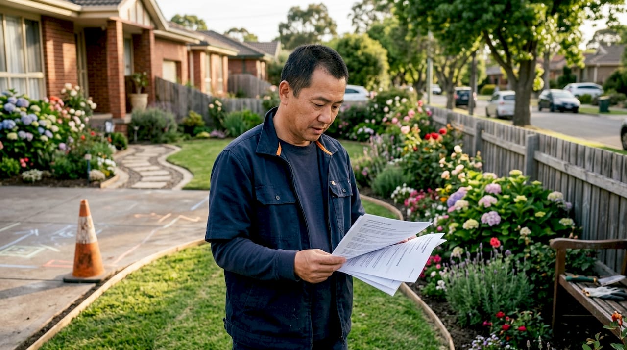 Homeowner reviewing driveway permit documents outdoors