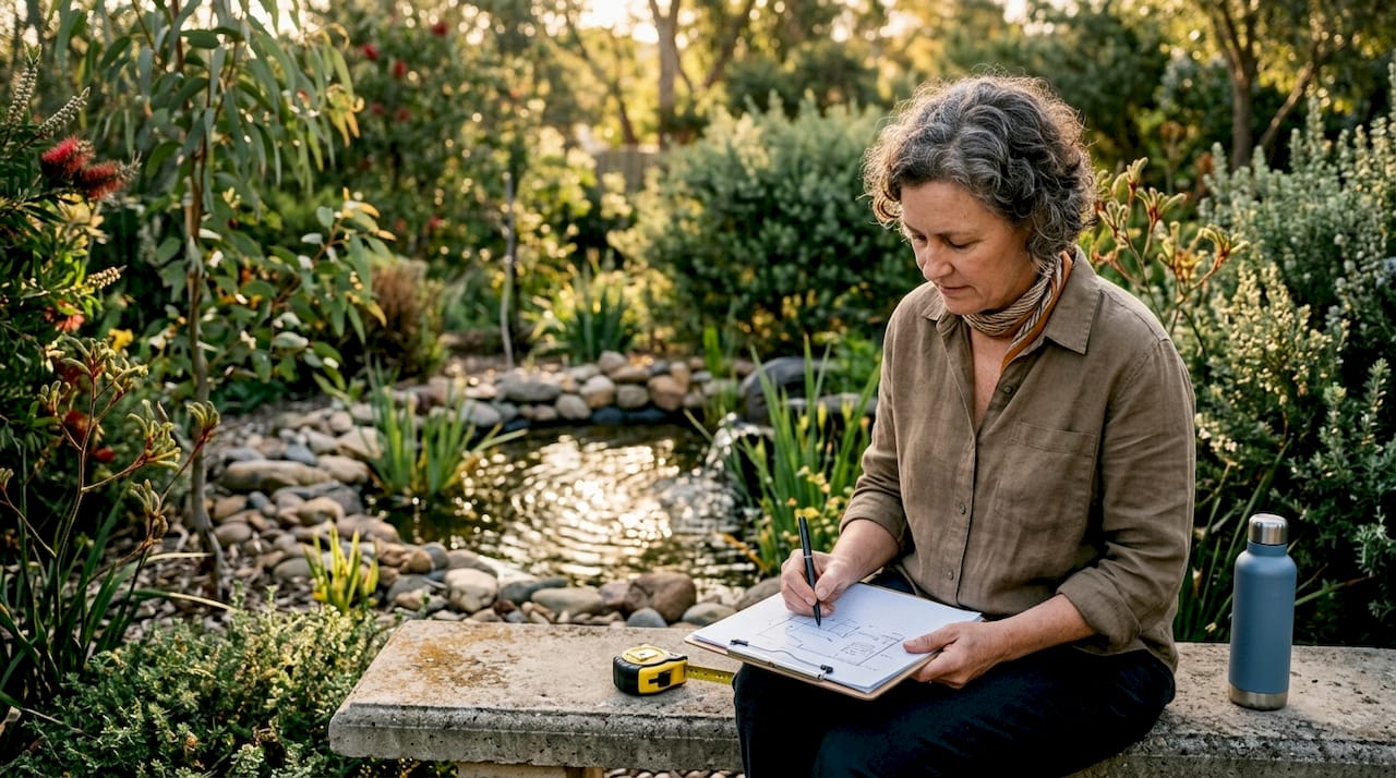 Woman sketching outdoor entertainment layout outdoors