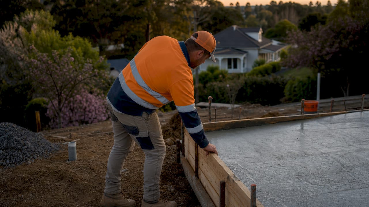 Worker inspecting edge forms at concrete pour site