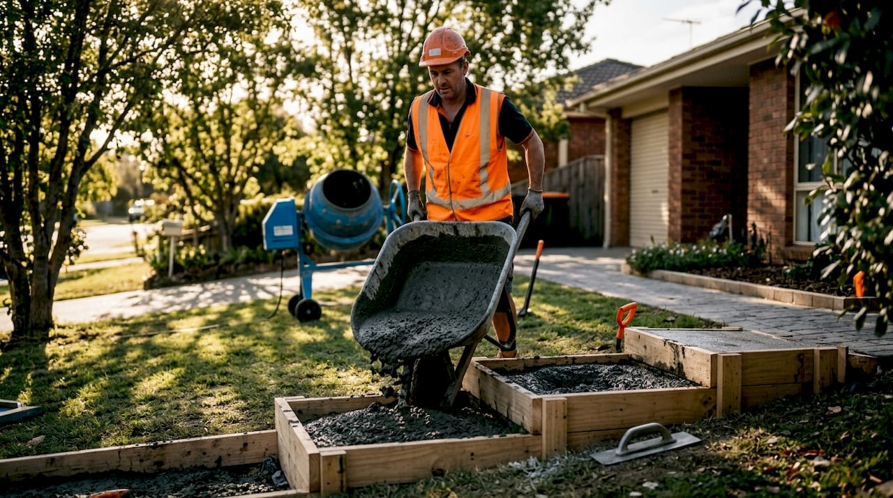 Worker pouring concrete into step formwork