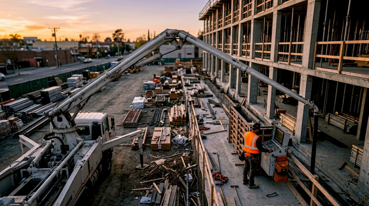Construction site with concrete boom pump and worker