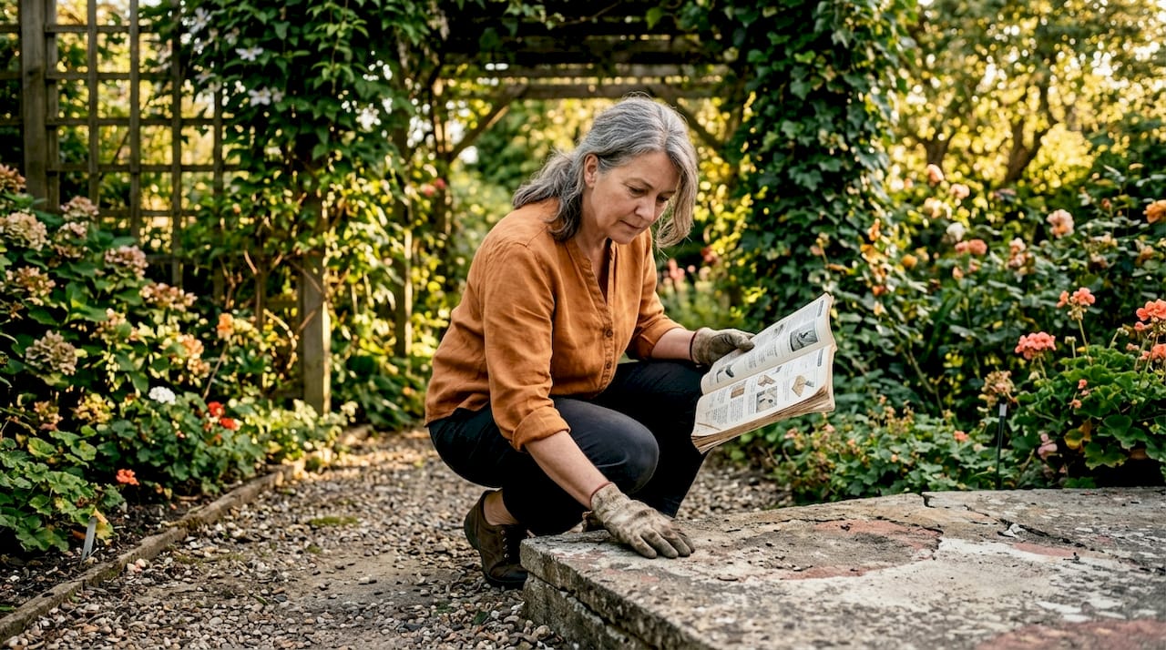 Homeowner inspecting faded outdoor concrete patio