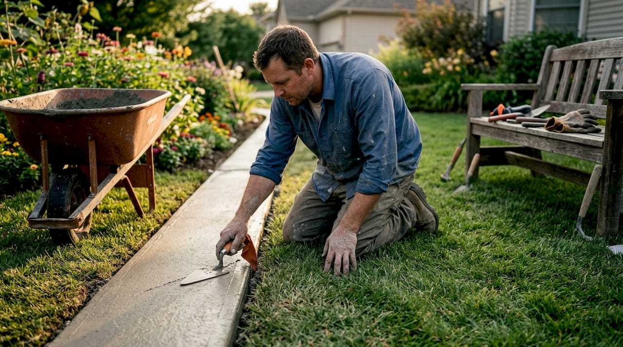 Landscaper pouring concrete border edging outdoors